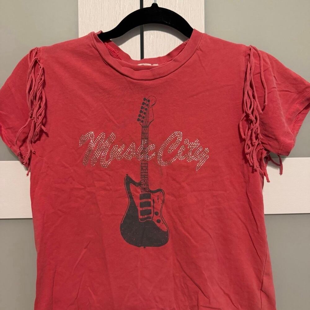 Modish Rebel Youth Large Music City Fringe Sleeve Graphic Tee Pink Rhinestone